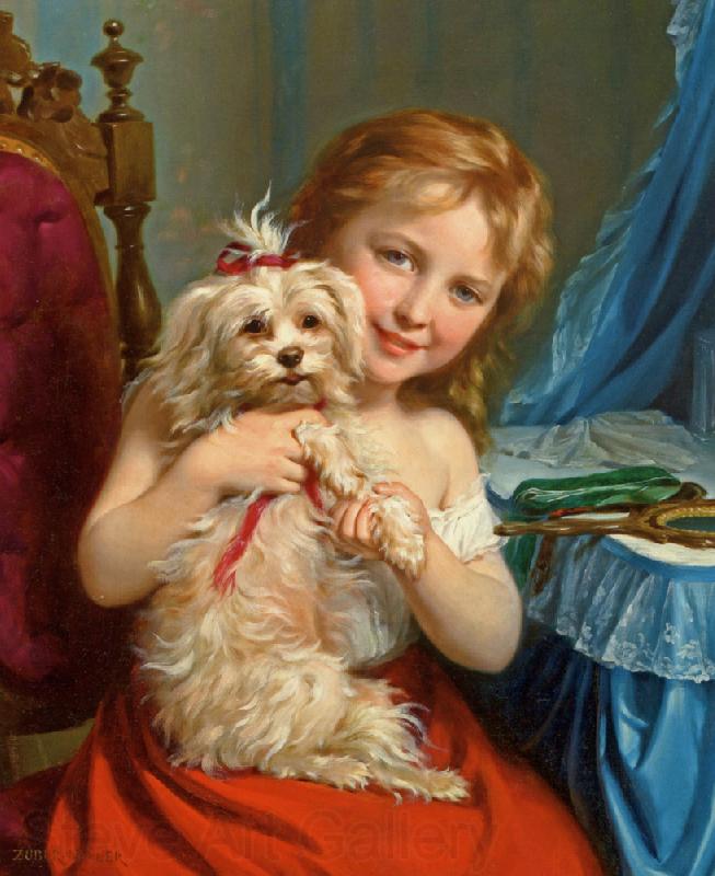 Fritz Zuber-Buhler Young Girl with Bichon Frise France oil painting art